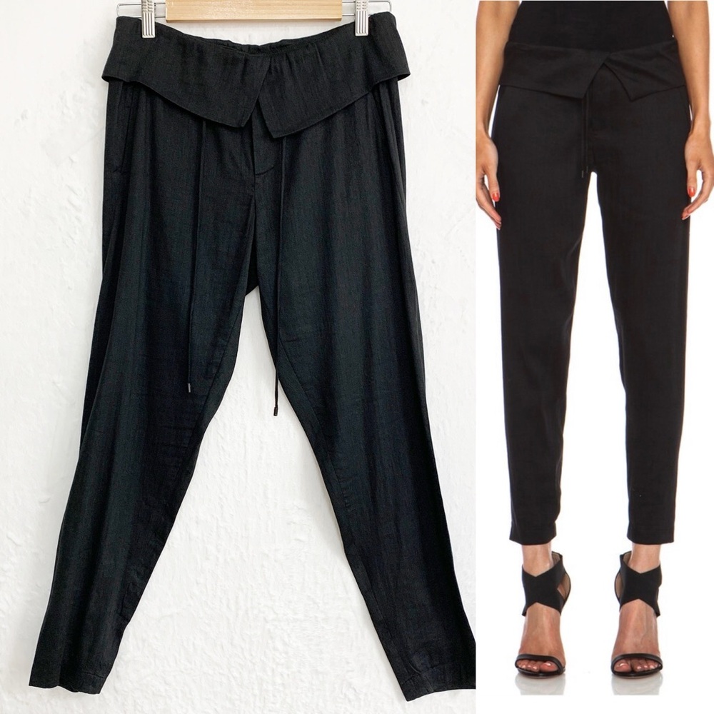 Vince Folded Drawstring Waist Linen Blend Trouser in Black Sz 2